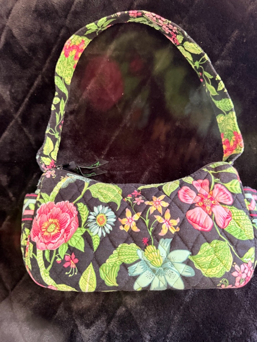 Vera Bradley Black Quilted Shoulder Bag with Pink & Green Floral Print